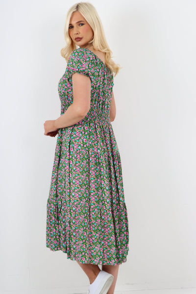 Shirred Elasticated Waist Ditsy Printed Bardot Midi Dress