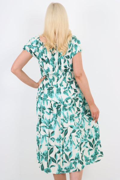 Shirred Elasticated Waist Leaf Printed Bardot Midi Dress