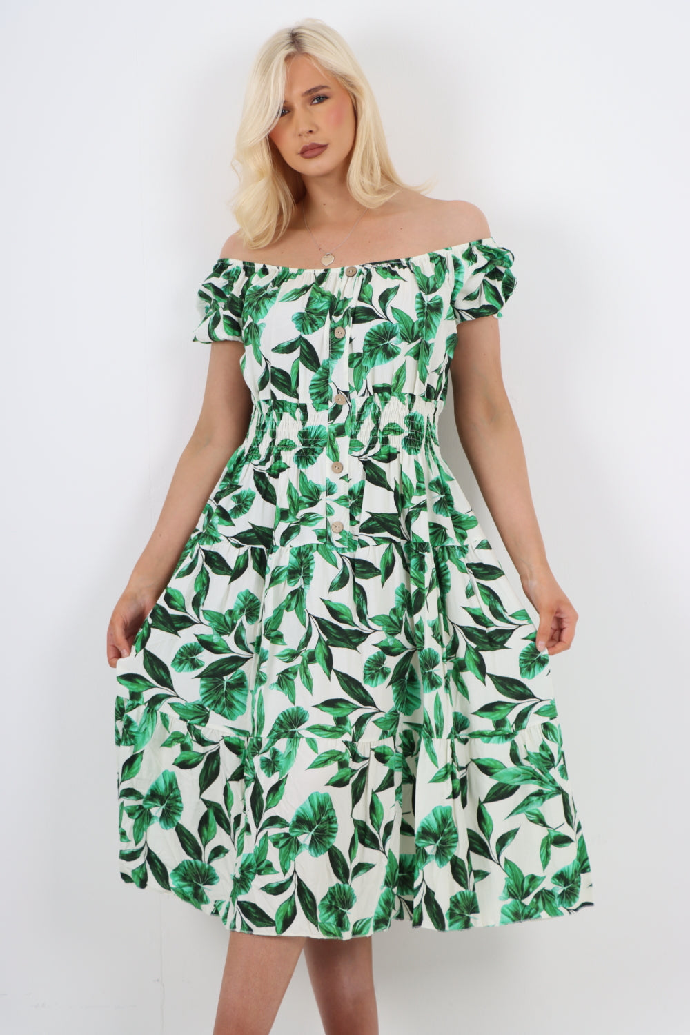 Shirred Elasticated Waist Leaf Printed Bardot Midi Dress