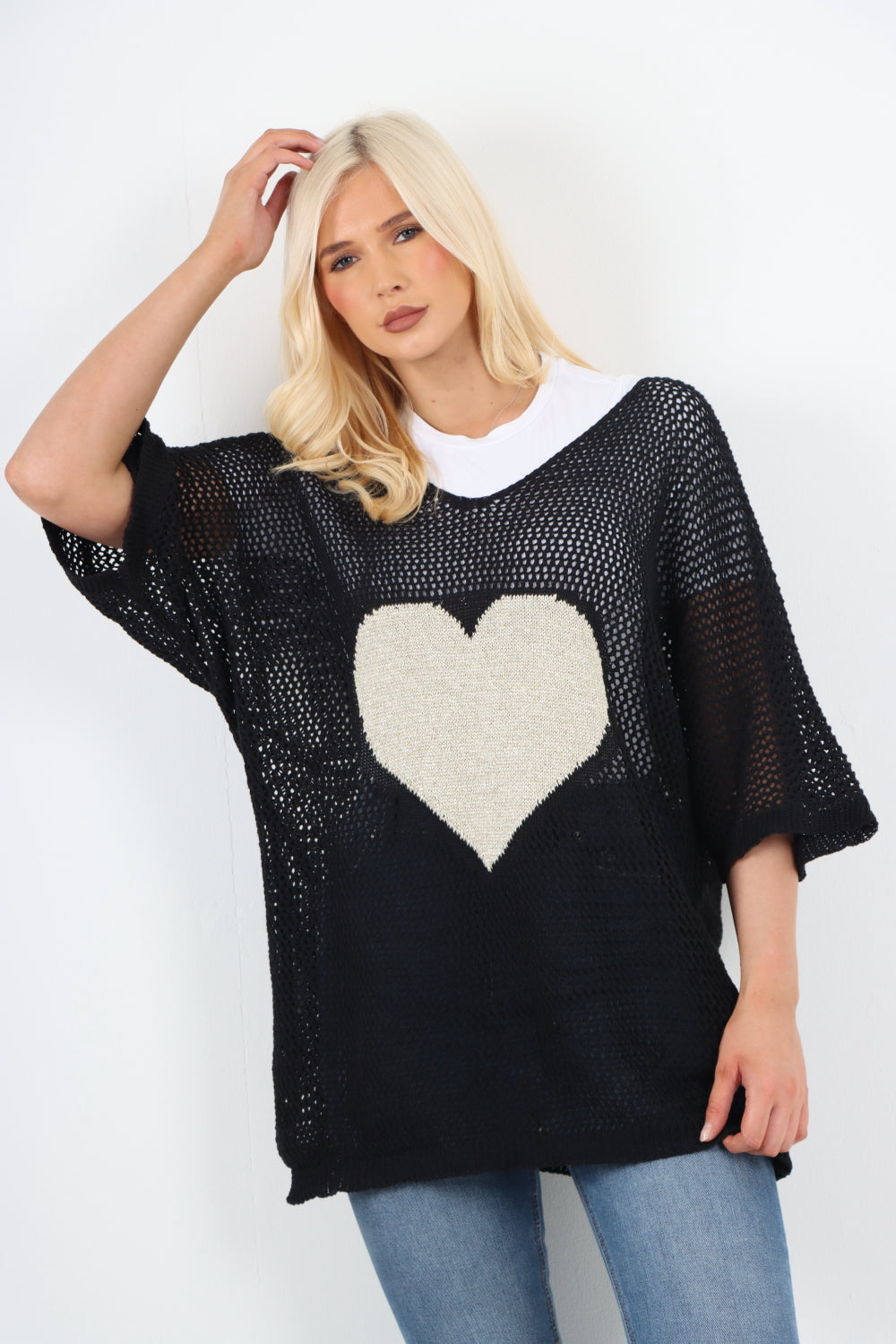 Chunky Knit Heart Print Oversized Jumper Top