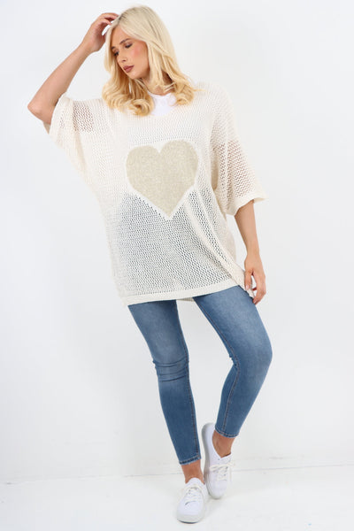 Chunky Knit Heart Print Oversized Jumper Top