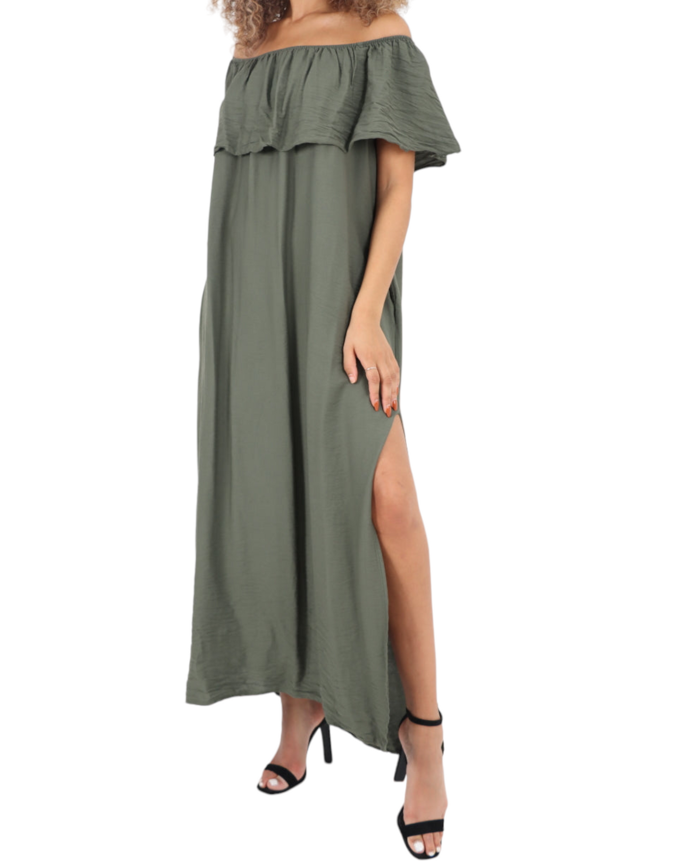 Bardot Frill Layered Double Side Slit Maxi Dress