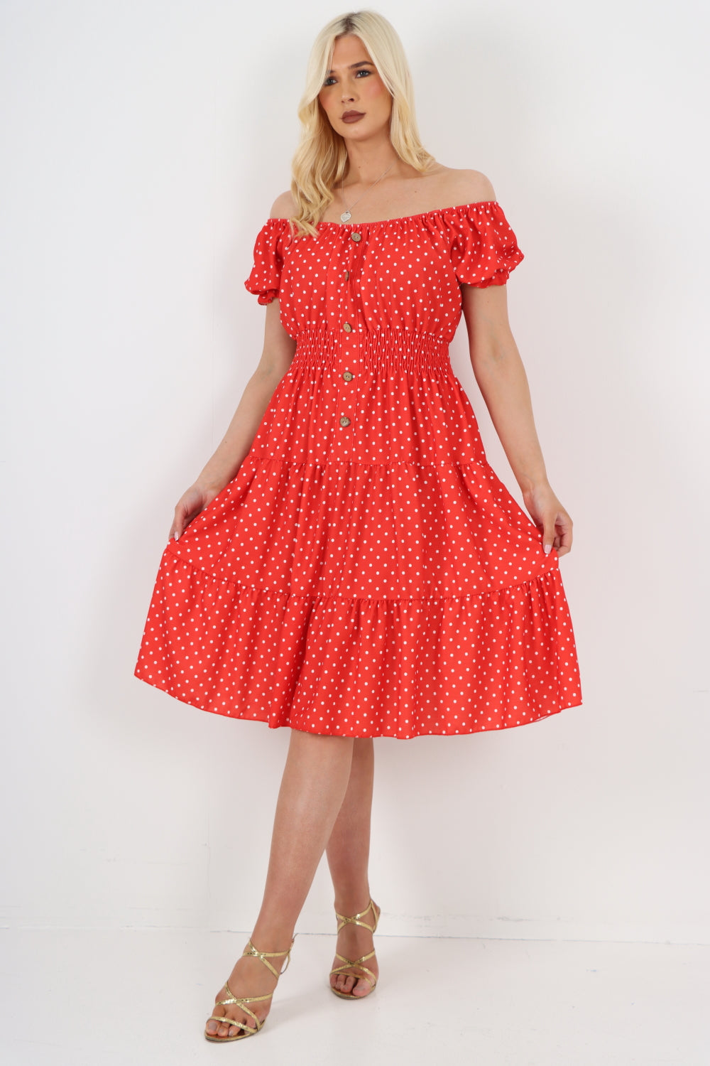 Polka Dot Button Detailed Shirred Waist Bardot Smock Dress