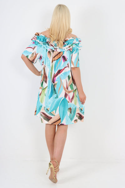 Bardot Leaf Printed Short Sleeve Mini Dress