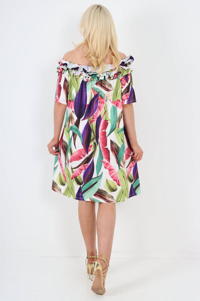 Bardot Leaf Printed Short Sleeve Mini Dress