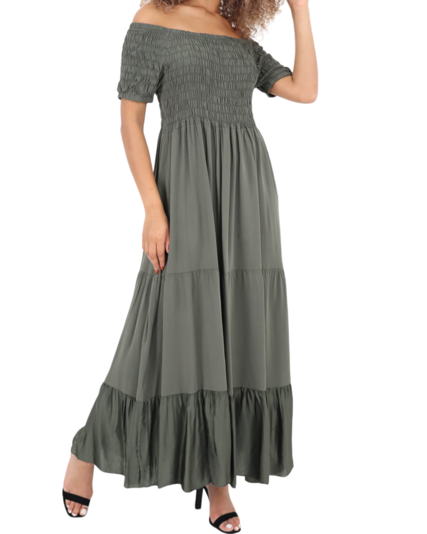 Off Shoulder Shirred Elasticated Tiered Maxi Dress