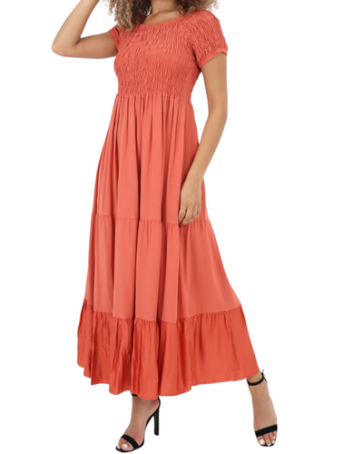 Off Shoulder Shirred Elasticated Tiered Maxi Dress