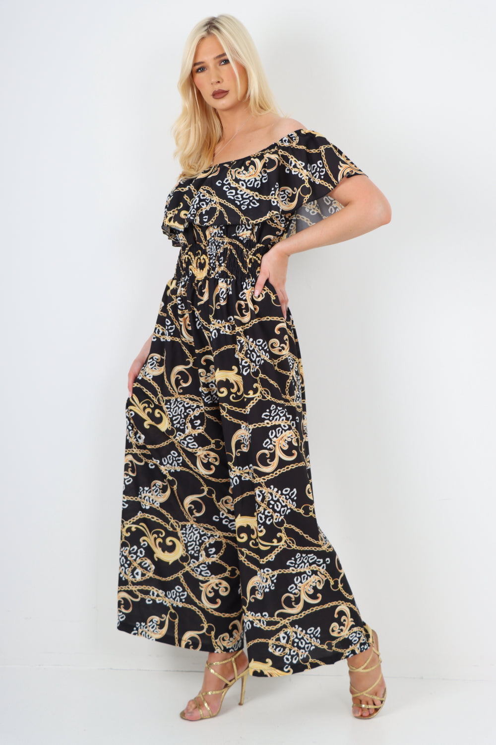 Bardot Shirred Elasticated Waist Chain Print Jumpsuit