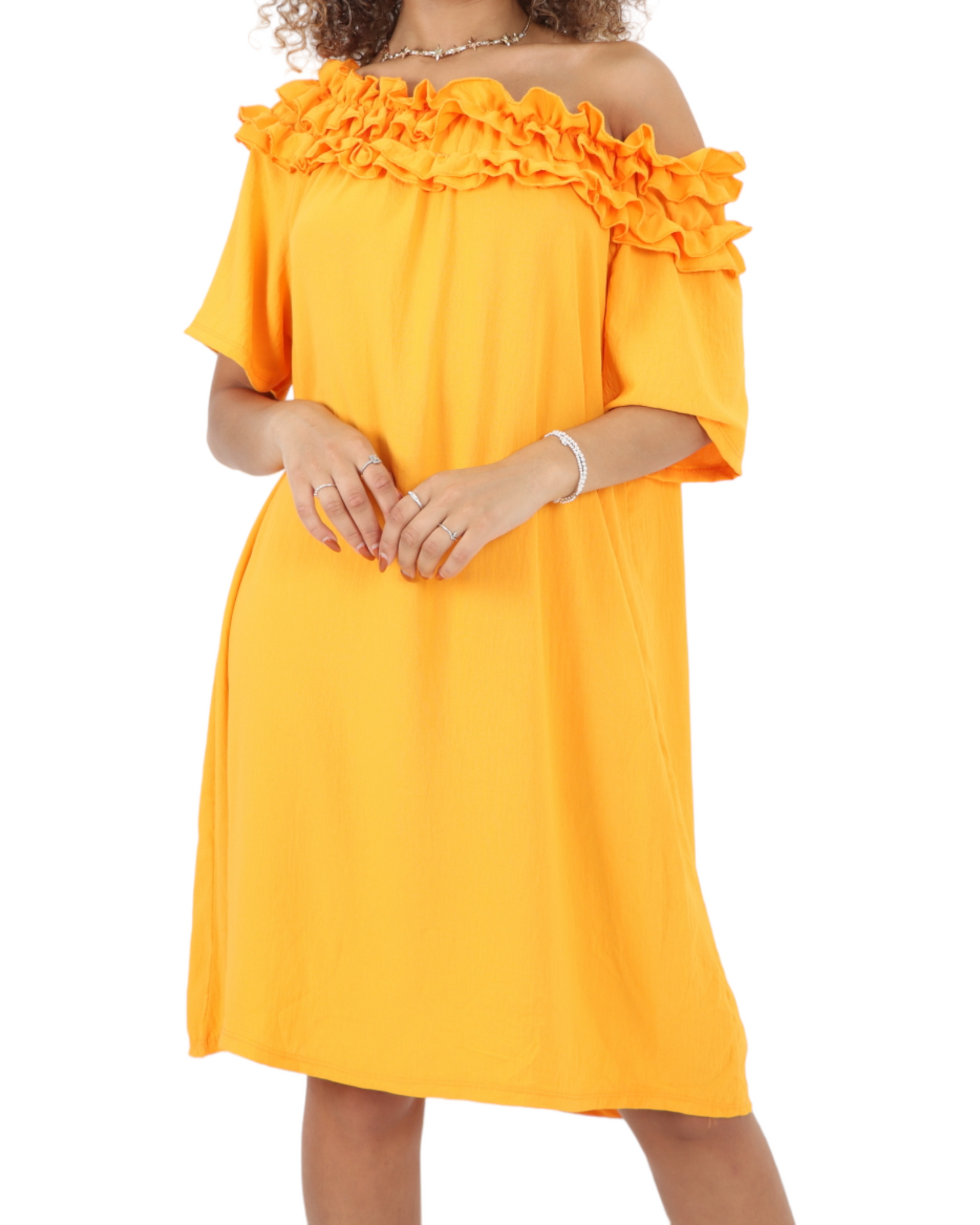Frill Bardot Short Sleeve Midi Dress