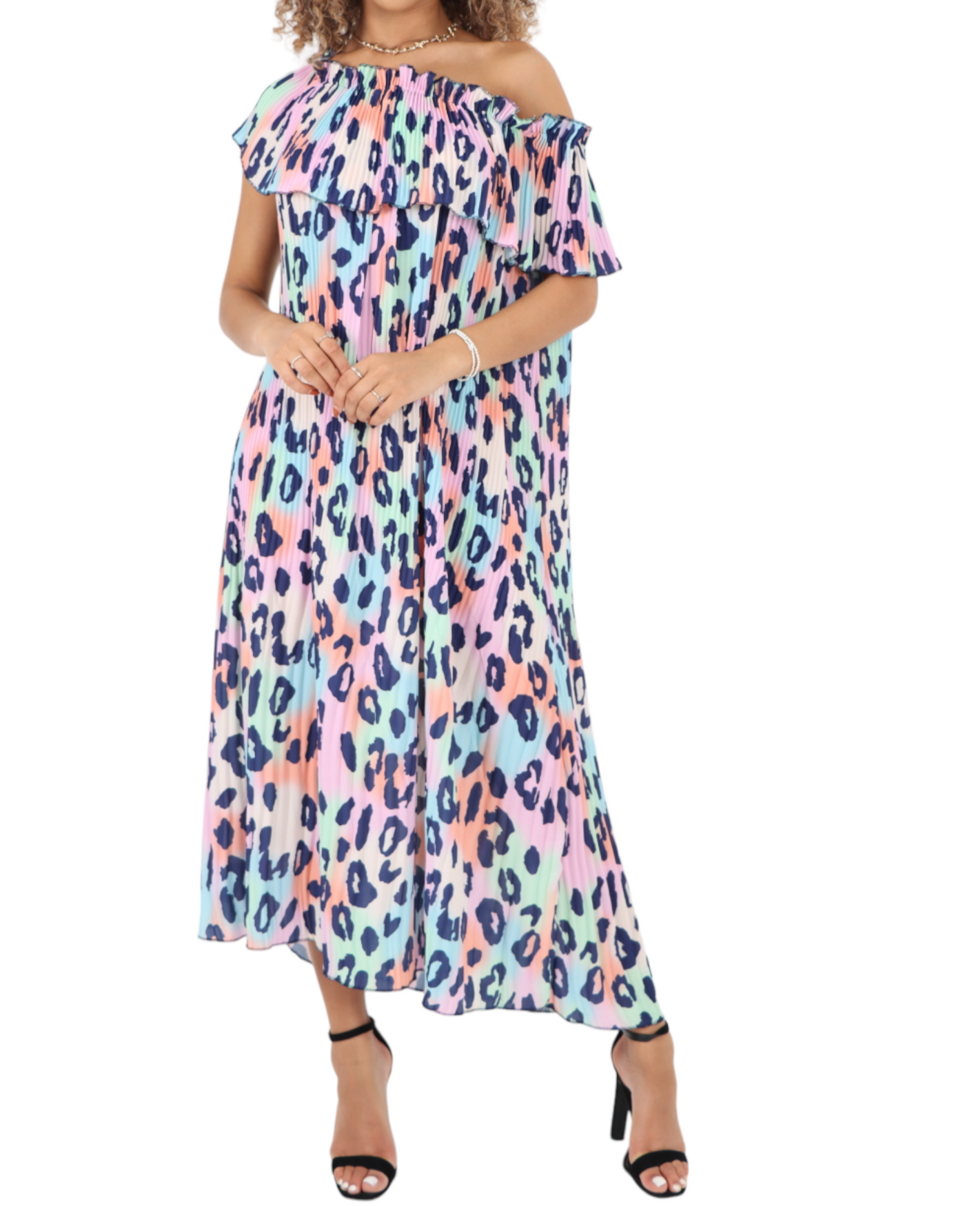 Printed Pleated Frill Bardot Midaxi Dress