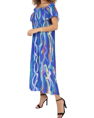 Printed Pleated Frill Bardot Midaxi Dress