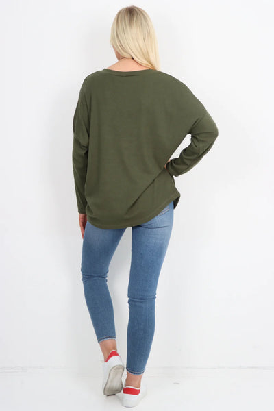 Italian Basic Soft Knit Long Sleeve Necklace Top