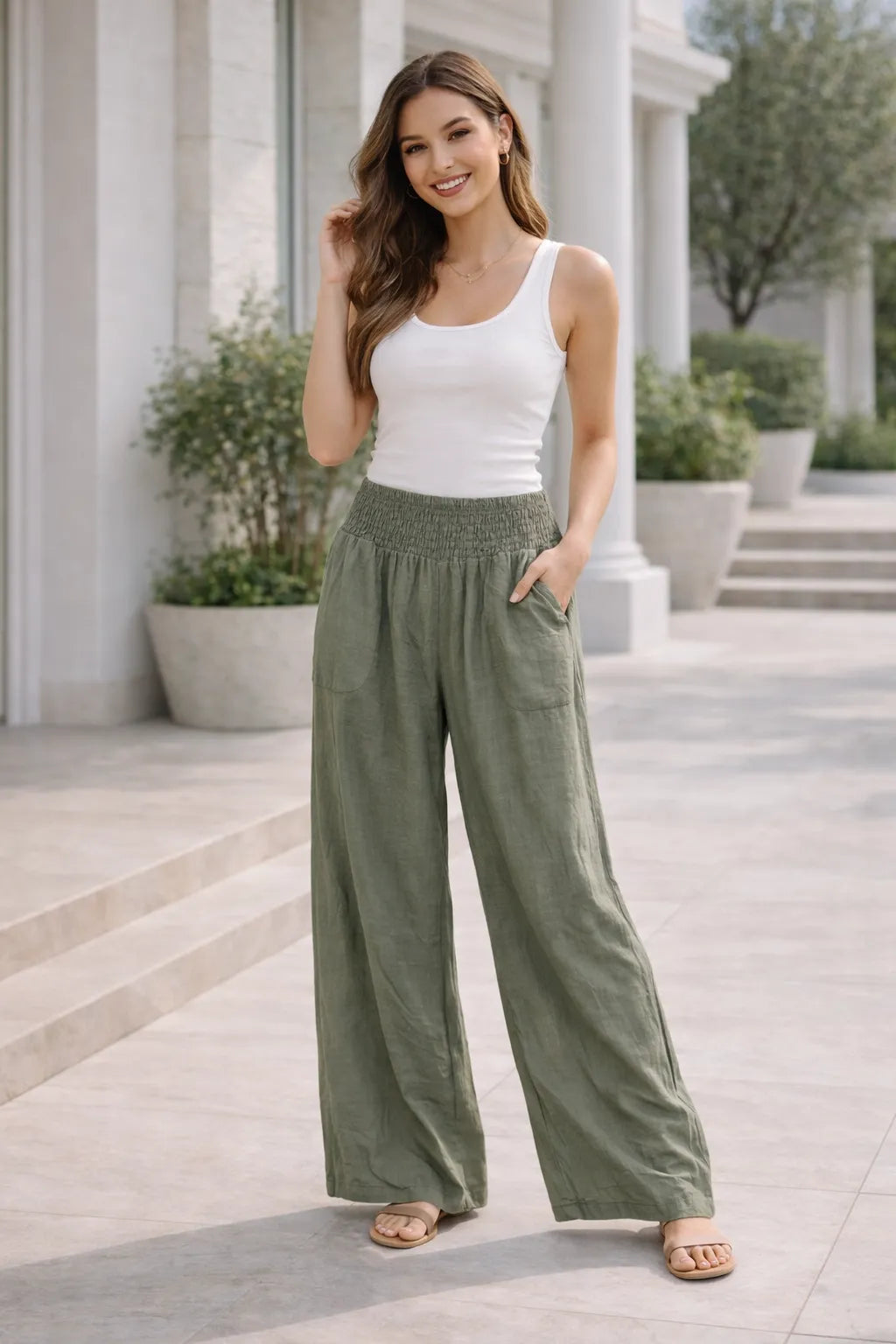 Khaki relaxed fit wide leg trousers for women elasticated waist UK