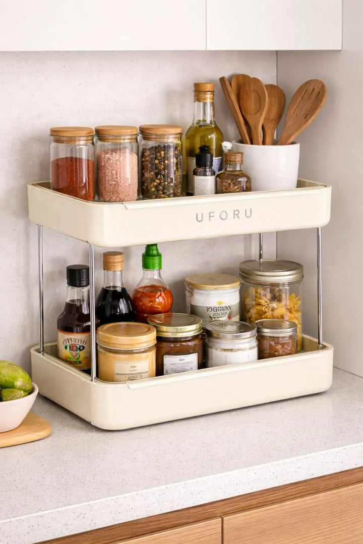 Kitchen spice rack with various jars and bottles on a countertop.