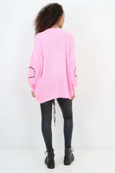 Italian Triple Tie Front Animal Print Chunky Knit Love Heart Cardigan