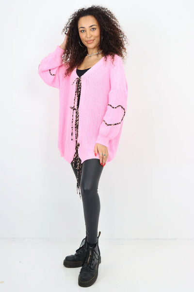 Italian Triple Tie Front Animal Print Chunky Knit Love Heart Cardigan