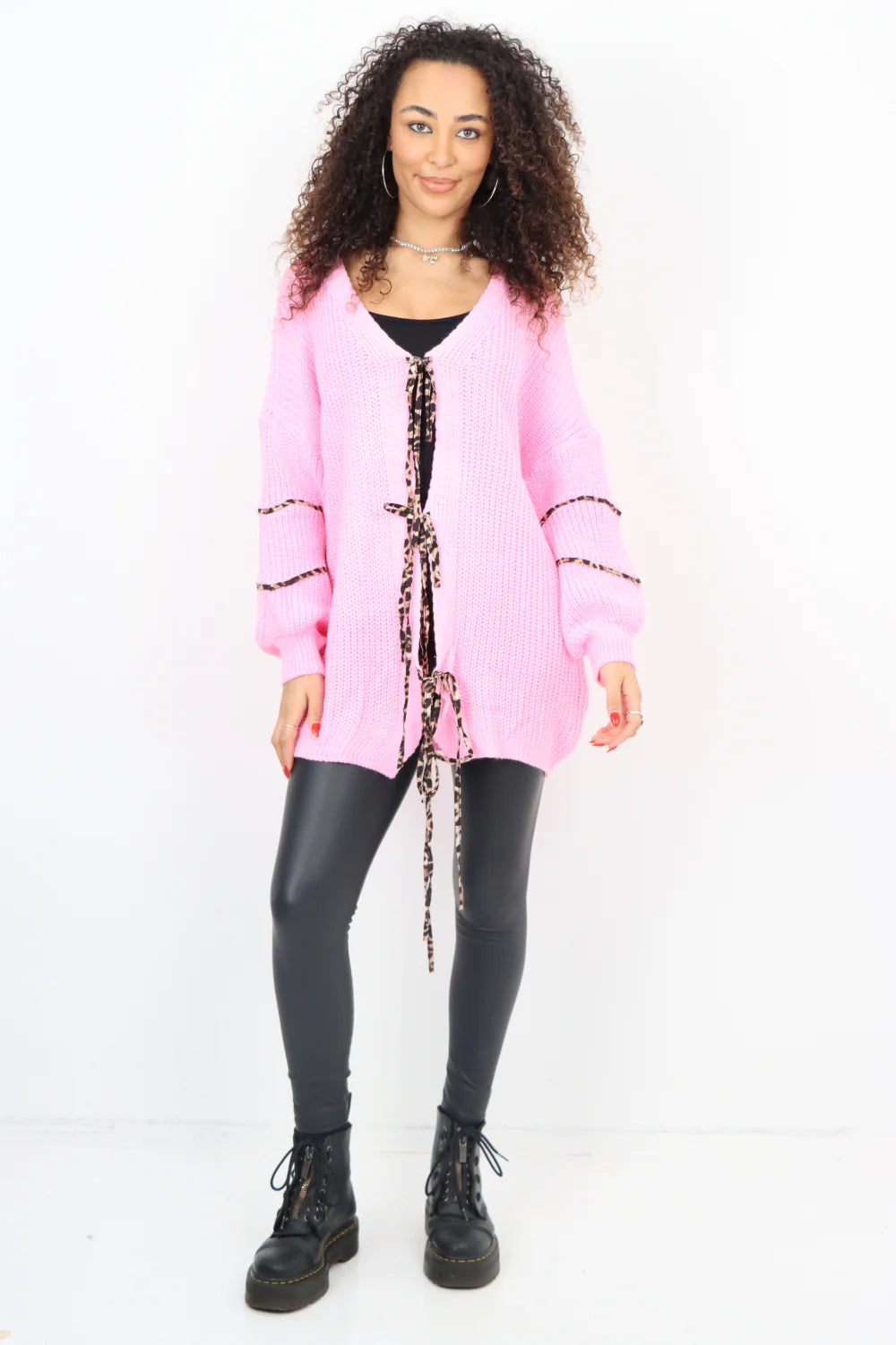 Italian Triple Tie Front Animal Print Chunky Knit Love Heart Cardigan