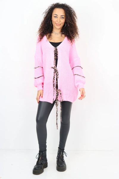 Italian Triple Tie Front Animal Print Chunky Knit Love Heart Cardigan