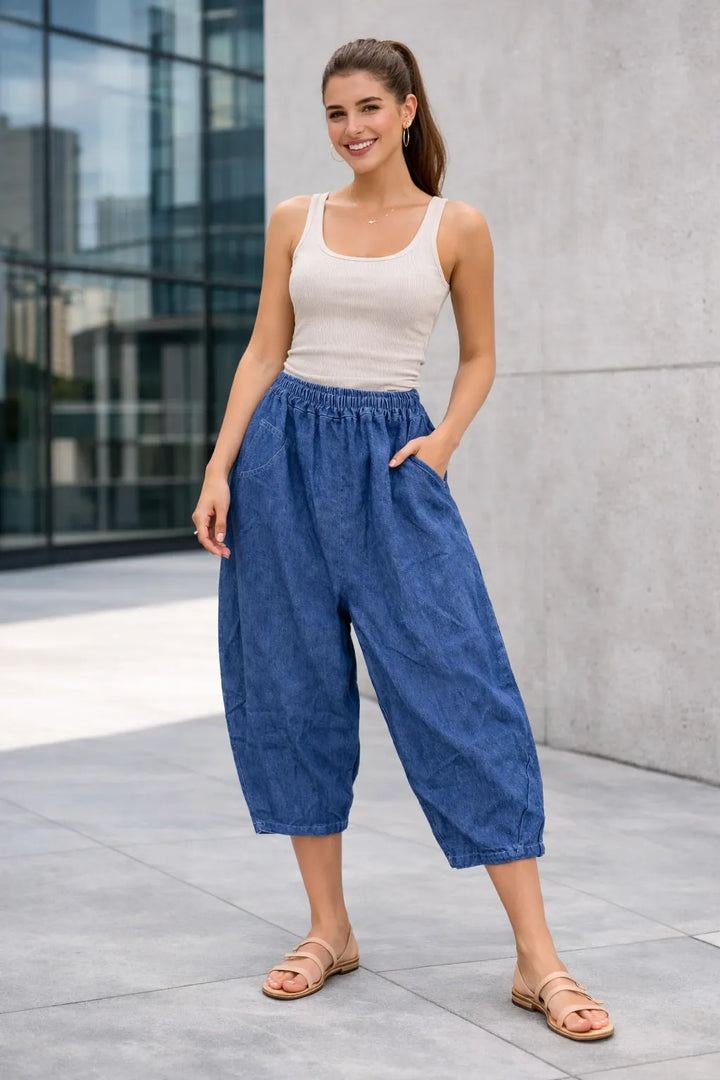 Light Wash Elastic Waist Cropped Denim Harem Trousers With Pockets