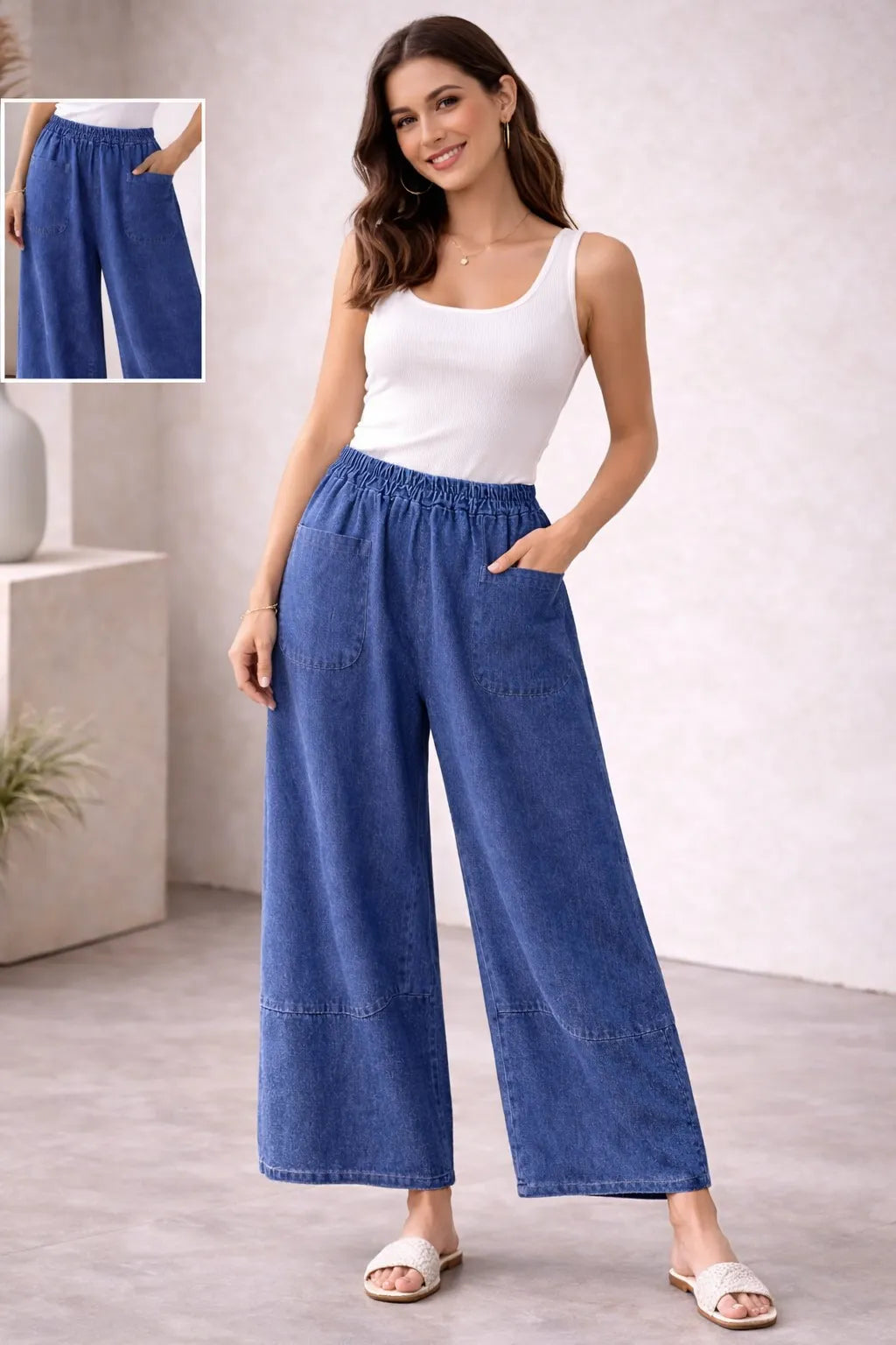 Light Wash Wide-Leg Denim Trousers with Elasticated Waist