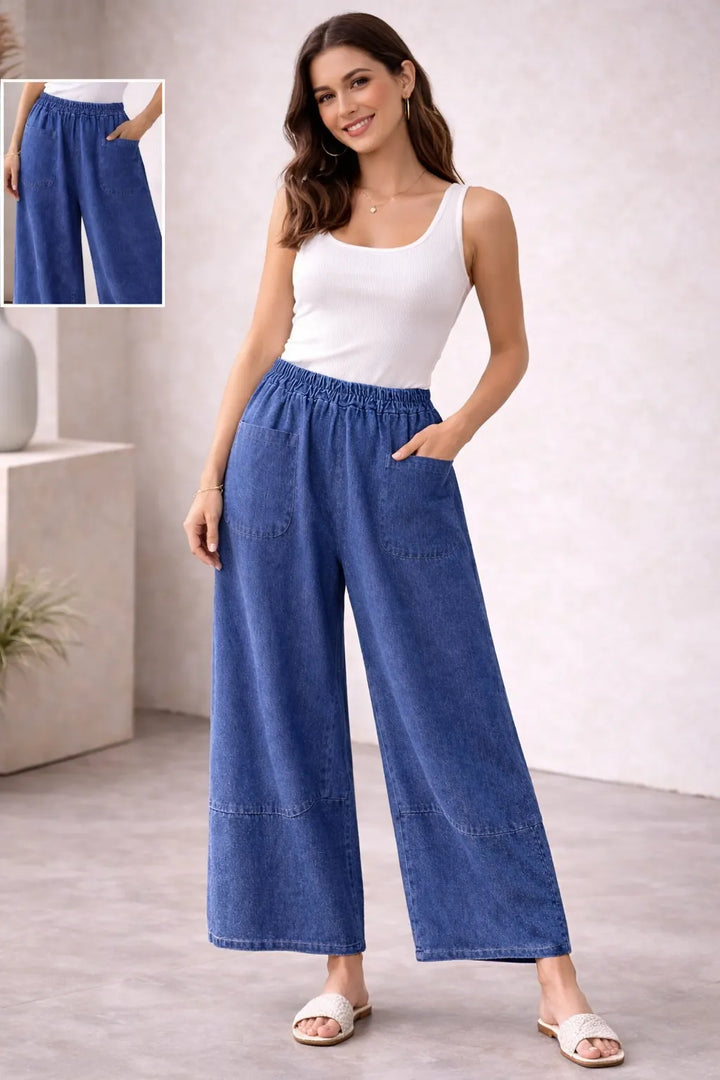 Light Wash Wide-Leg Denim Trousers with Elasticated Waist