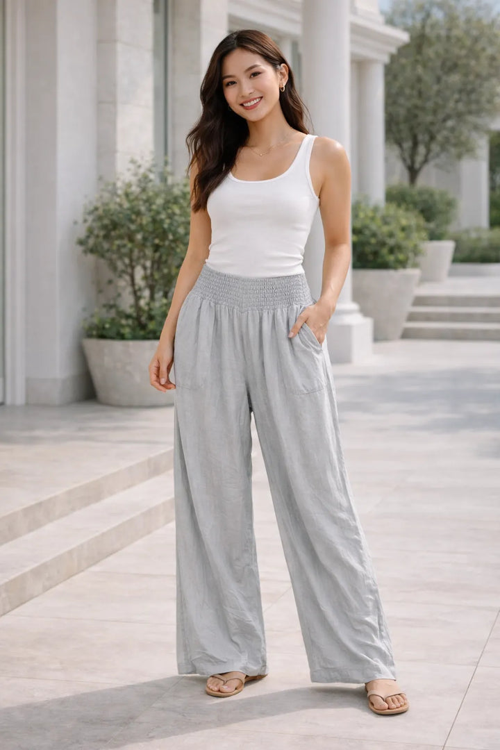Light grey wide leg smocked waist trousers for women UK