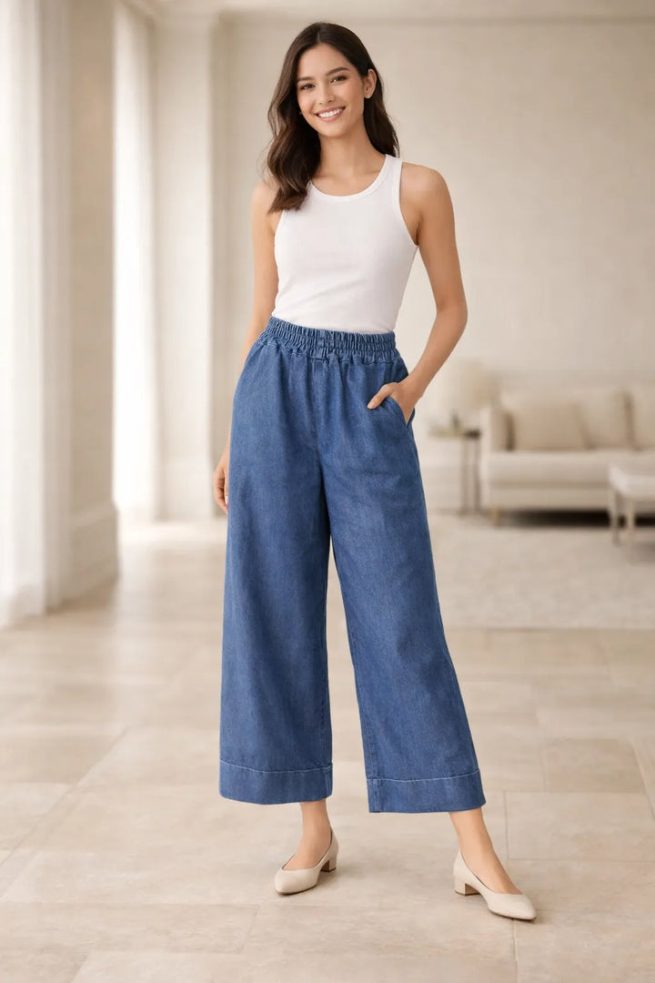 Light Wash Wide Leg Denim Trousers with Folded Hem