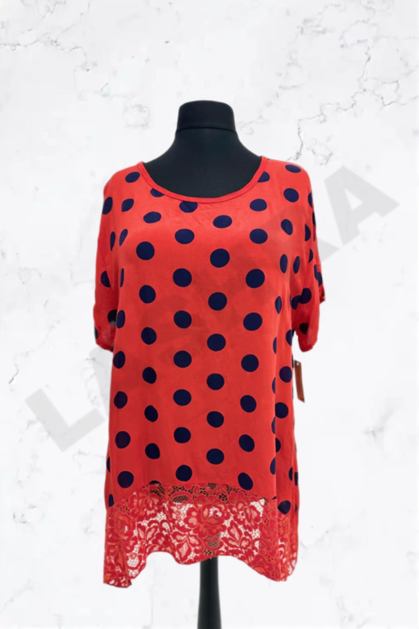 Italian Polka Dot Lace-Hem Tunic Top