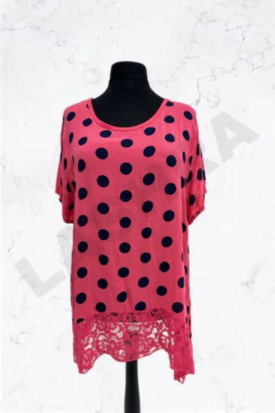 Italian Polka Dot Lace-Hem Tunic Top