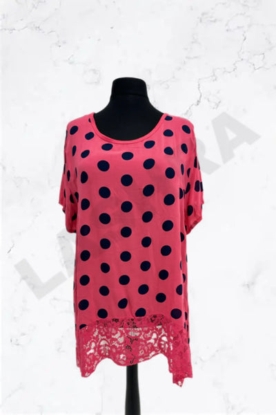 Italian Polka Dot Lace-Hem Tunic Top