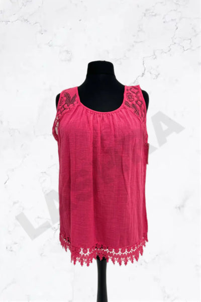 Italian Lace-Trim Sleeveless Cotton Top