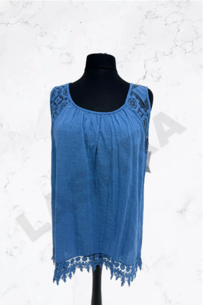 Italian Lace-Trim Sleeveless Cotton Top