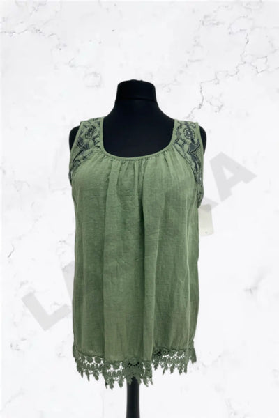 Italian Lace-Trim Sleeveless Cotton Top