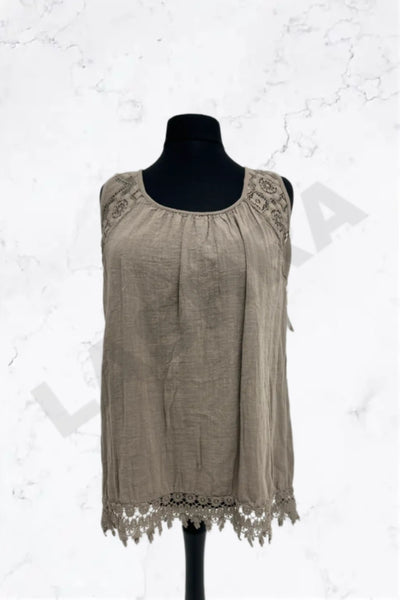 Italian Lace-Trim Sleeveless Cotton Top