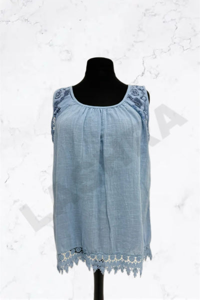 Italian Lace-Trim Sleeveless Cotton Top