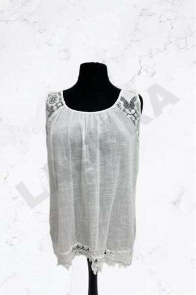 Italian Lace-Trim Sleeveless Cotton Top