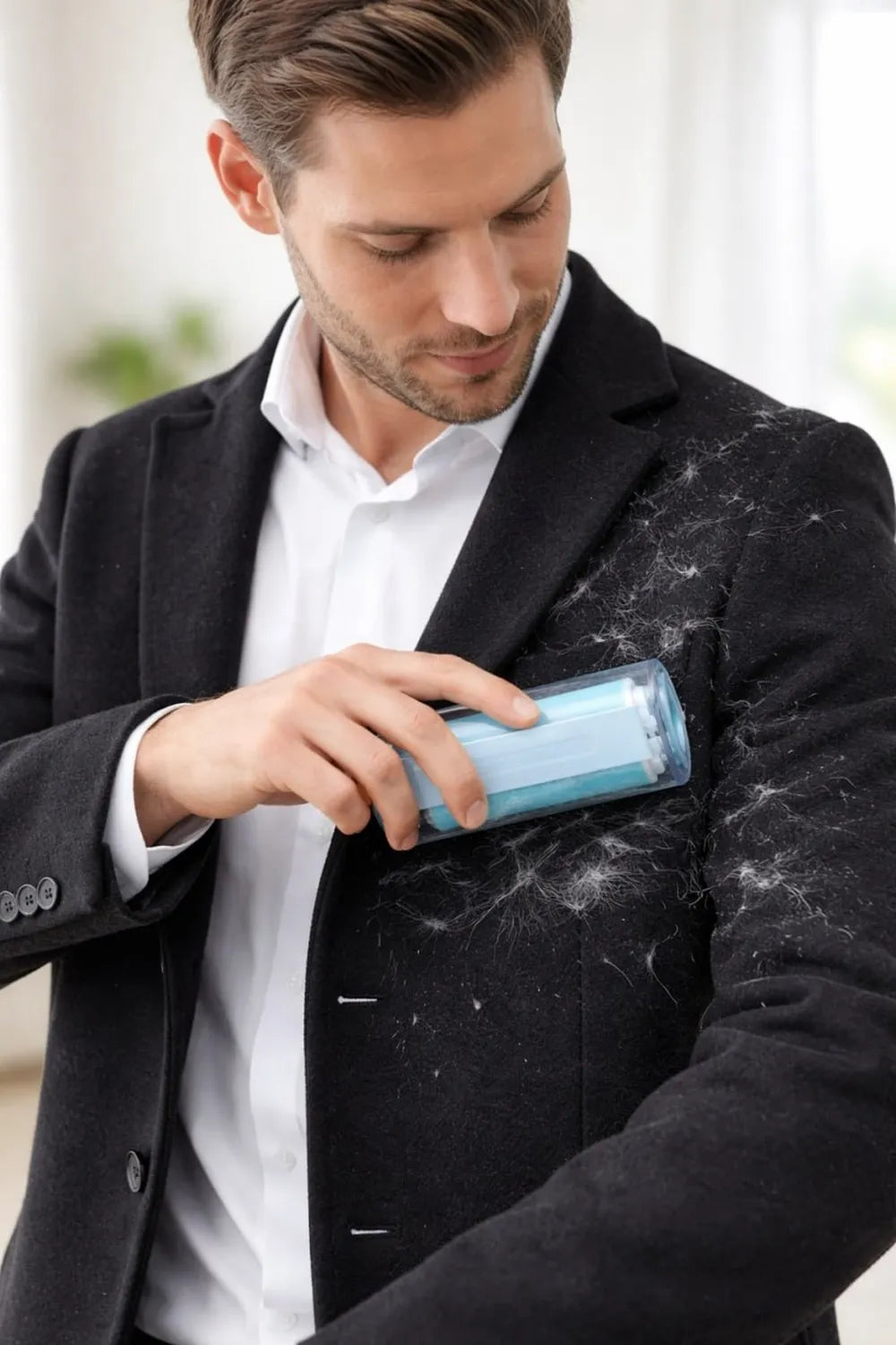 Man cleaning a black coat with a blue cleaning tool