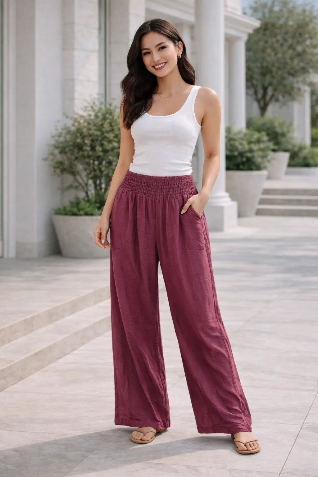 Mauve wide leg elasticated waist trousers for women UK