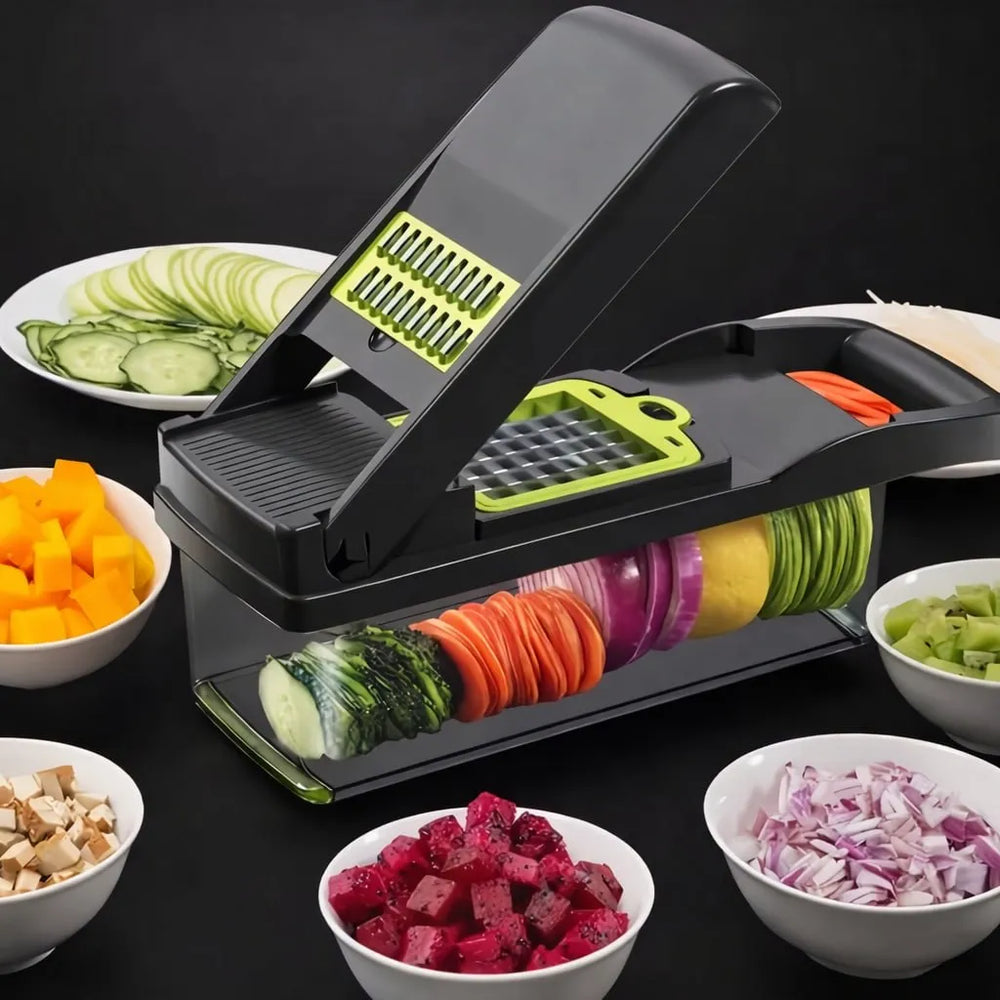 Multifunctional vegetable slicer with sliced vegetables on a black background
