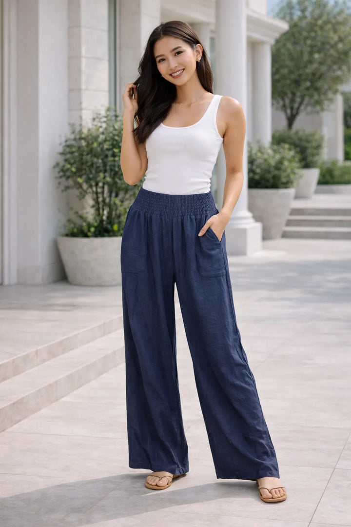 Navy wide leg smocked waist trousers for women UK