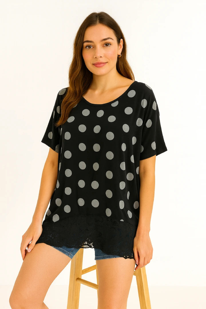 Italian Polka Dot Lace-Hem Tunic Top