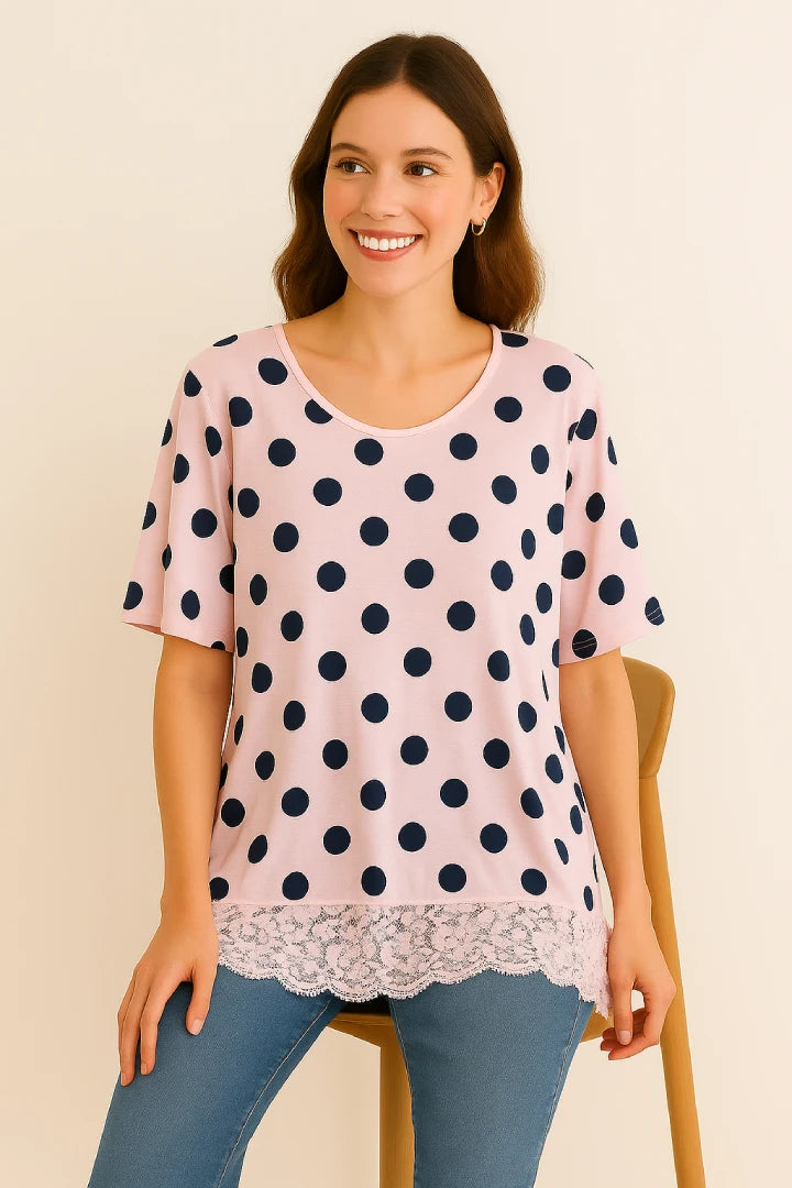 Italian Polka Dot Lace-Hem Tunic Top