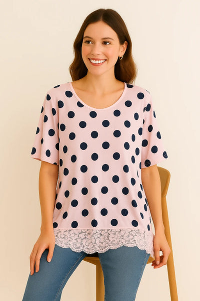 Italian Polka Dot Lace-Hem Tunic Top