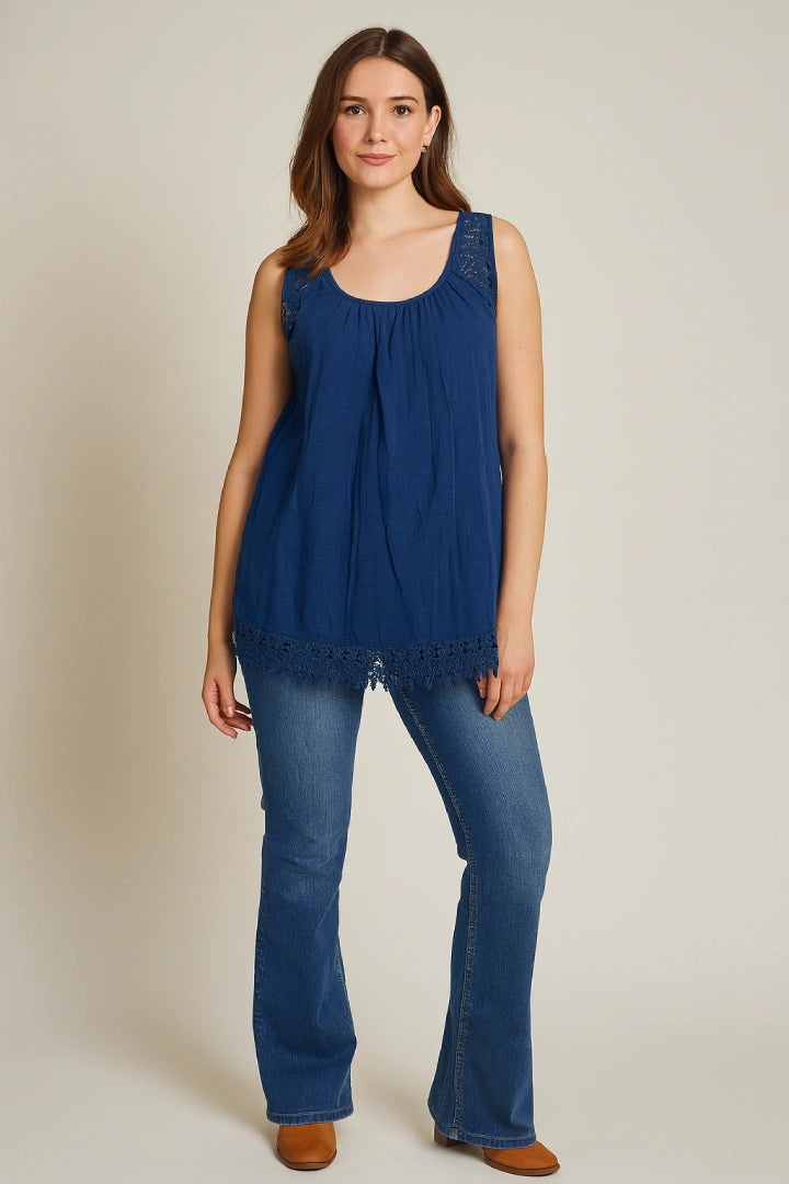 Italian Lace-Trim Sleeveless Cotton Top