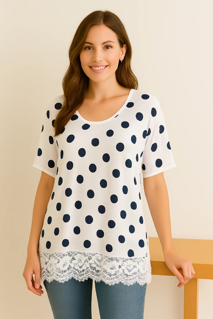 Italian Polka Dot Lace-Hem Tunic Top
