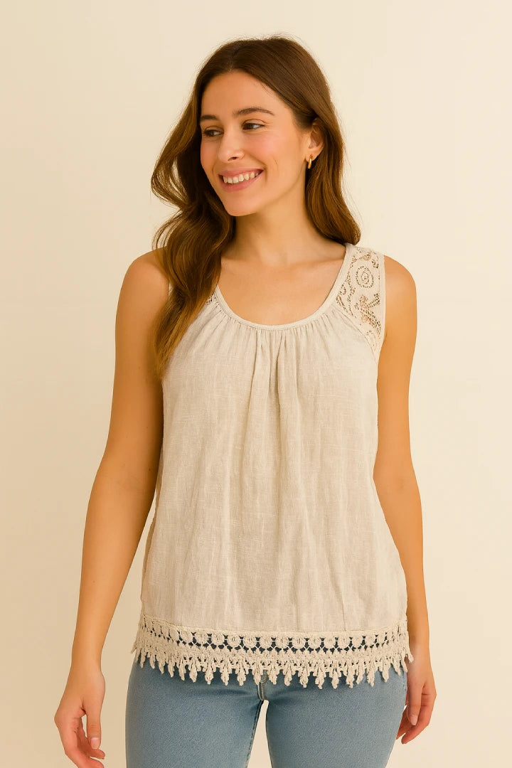 Italian Lace-Trim Sleeveless Cotton Top