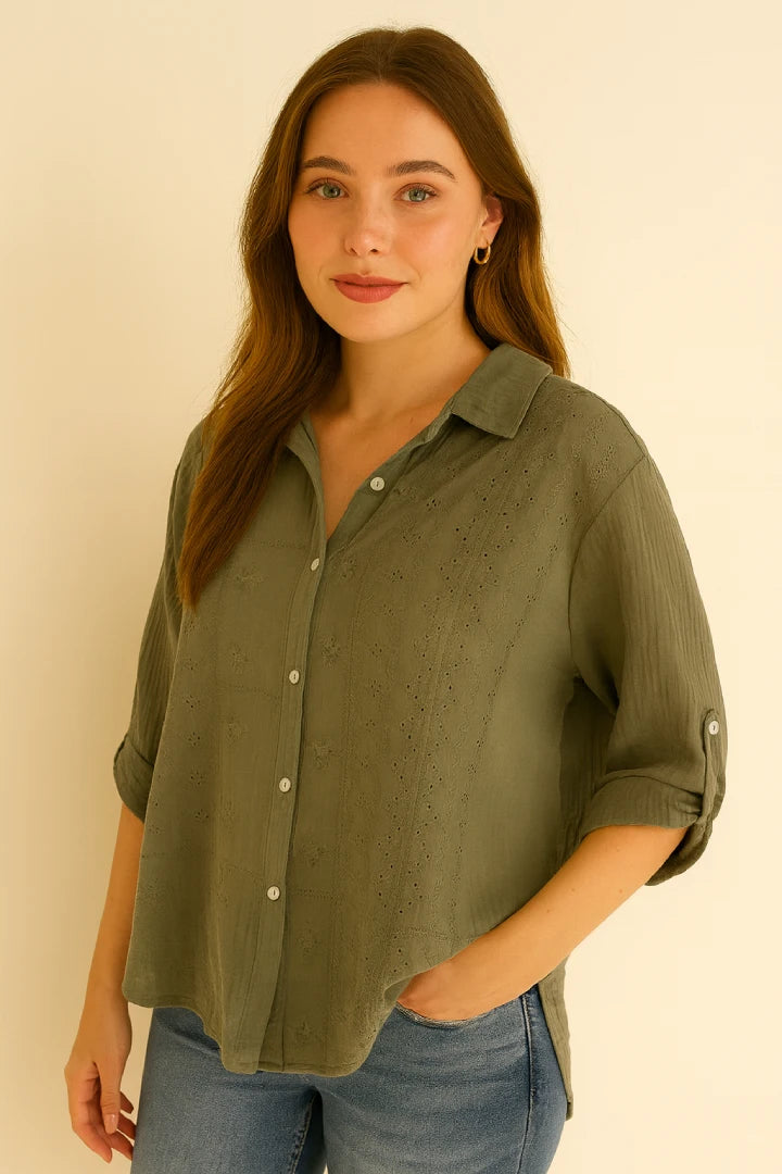 Italian Embroidered Cotton Button-Up Tunic
