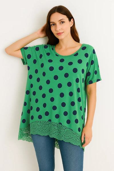 Italian Polka Dot Lace-Hem Tunic Top