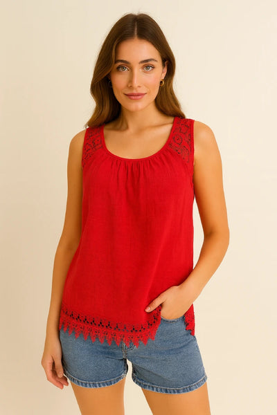 Italian Lace-Trim Sleeveless Cotton Top