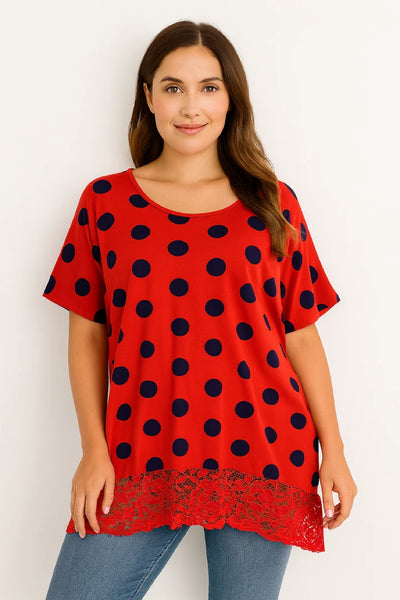 Italian Polka Dot Lace-Hem Tunic Top